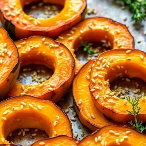 Golden oven-baked squash slices topped with a sesame-infused glaze, garnished with sesame seeds for added texture and flavor