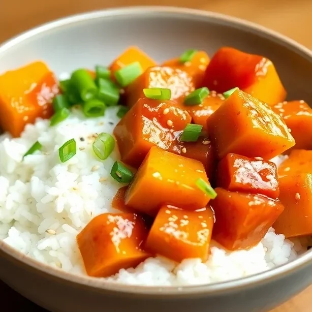 A colorful dish of squash and rice, combining sweet roasted squash with savory-seasoned rice for a balanced and flavorful meal.