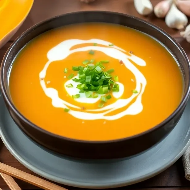 A bowl of Vegan Chinese Kabocha Squash Soup, featuring smooth, velvety orange soup topped with fresh herbs and sesame seeds. The soup is served in a rustic bowl with a wooden spoon resting beside it.