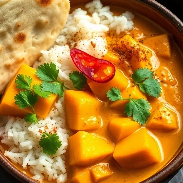 A vibrant bowl of spicy vegan curry featuring tender chunks of kabocha squash, simmered in a rich, aromatic sauce.