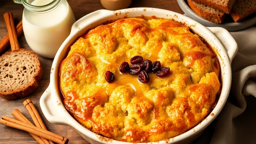 Golden brown healthy bread pudding served in a rustic dish, garnished with raisins and a drizzle of maple syrup