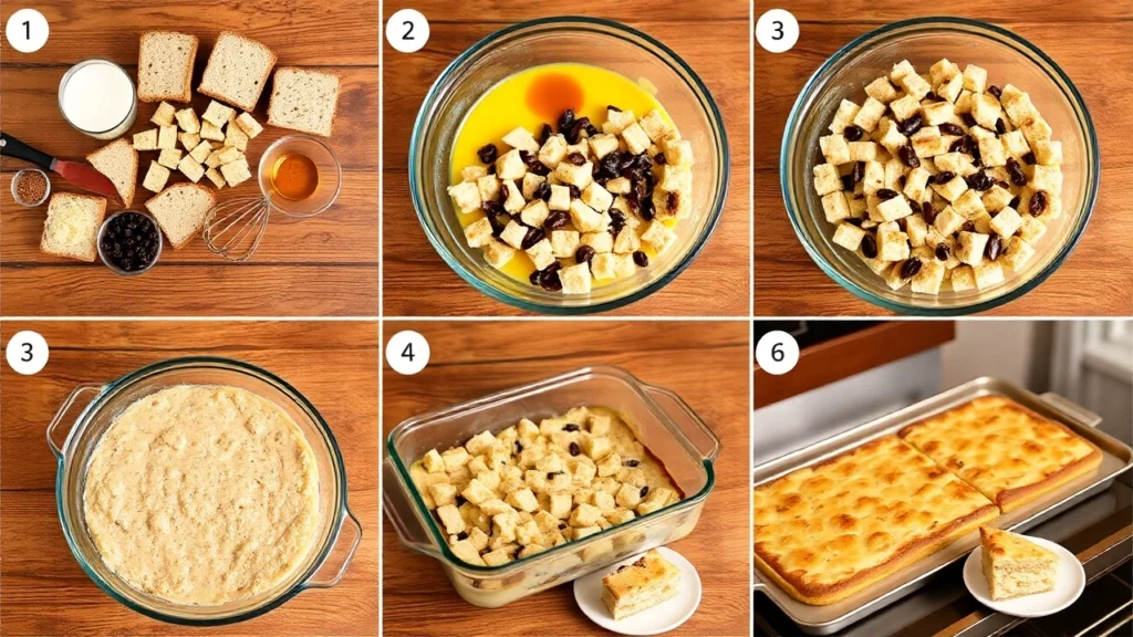 Step-by-step process of making healthy bread pudding: mixing ingredients, combining with bread, baking, and serving.