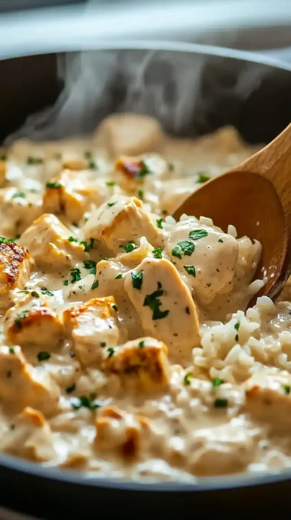 Stirring creamy chicken and rice in a pot