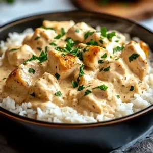 Creamy chicken and rice comfort food in a bowl