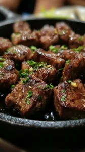 Garlik steak bites sizzling in a hot cast-iron skillet