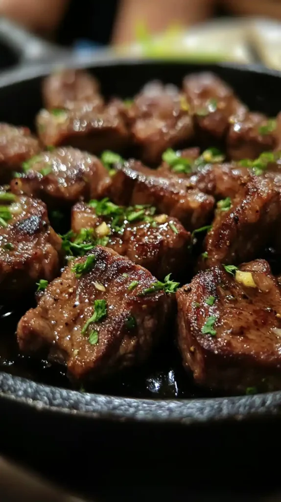 Garlik steak bites sizzling in a hot cast-iron skillet