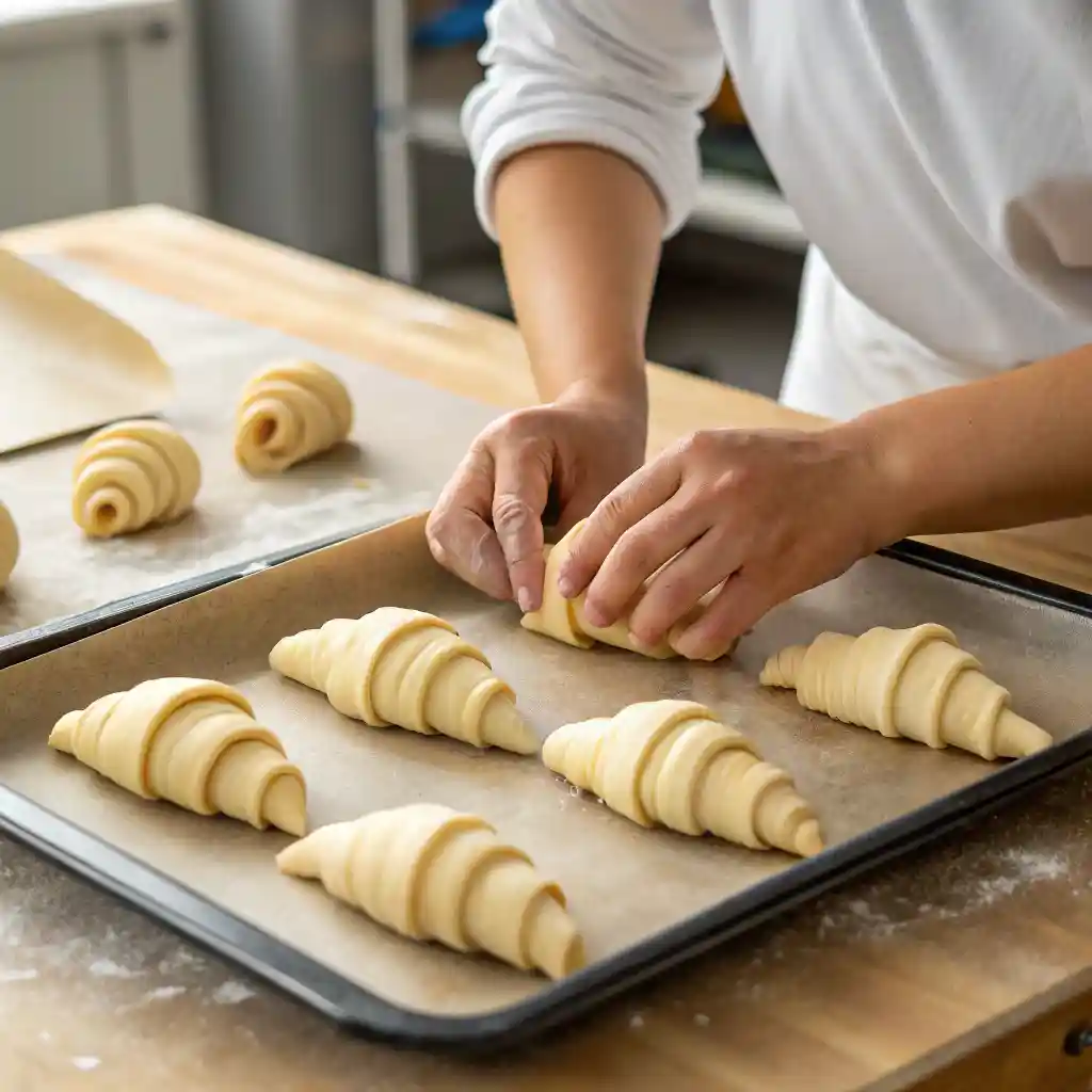 Shaping homemade gipfeli dough before baking